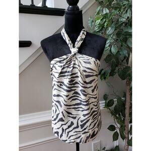 Nine West Top Blouse Women's XL White Black Zebra Print Sleeveless Keyhole Back